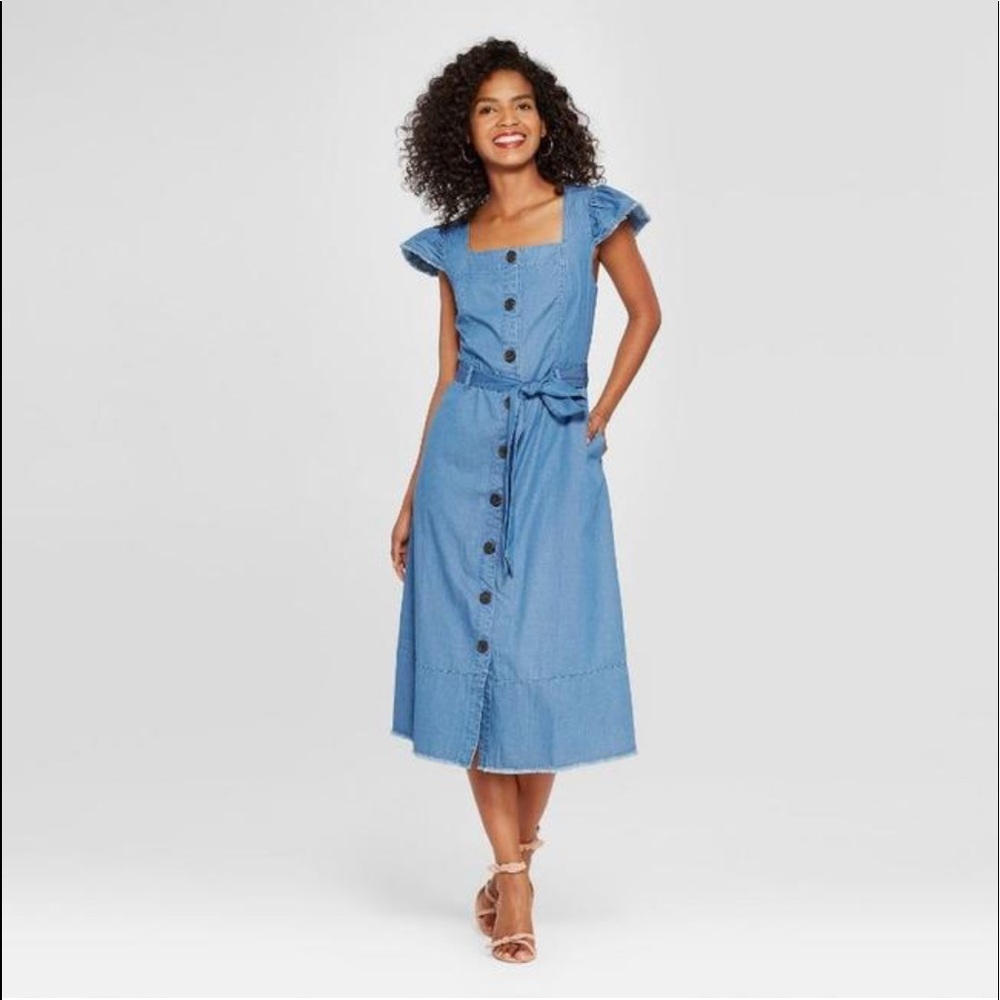 Who What Wear Denim Belted Midi Dress